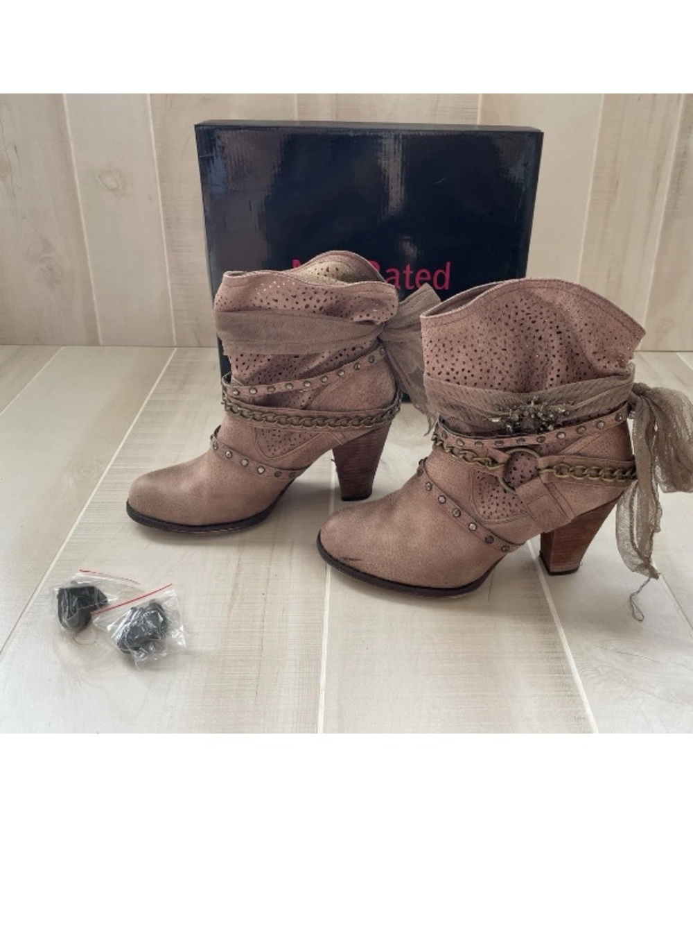 Not Rated Taupe Heeled Ankle Boots with Chain & Scarf Detail